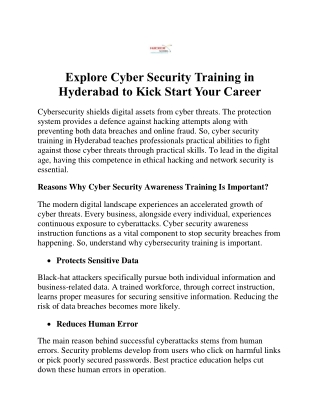 Explore Cyber Security Training in Hyderabad to Kick Start Your Career