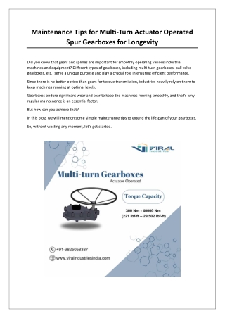 Maintenance Tips for Multi-Turn Actuator Operated Spur Gearboxes for Longevity