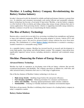 Mechlae A Leading Battery Company Revolutionizing the Battery Station Industry
