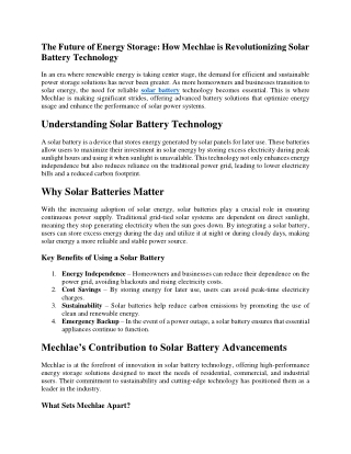The Future of Energy Storage How Mechlae is Revolutionizing Solar Battery Technology