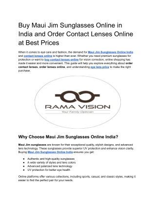 Buy Maui Jim Sunglasses Online in India and Order Contact Lenses Online at Best Prices