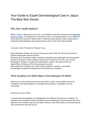 Your Guide to Expert Dermatological Care in Jaipur: The Best Skin Doctor