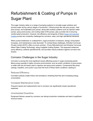 Refurbishment & Coating of Pumps in Sugar Plant