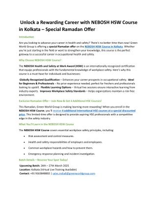 Unlock a Rewarding Career with NEBOSH HSW Course in Kolkata pdf