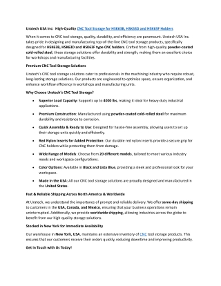 Uratech USA Inc: High-Quality CNC Tool Storage for HSK63B, HSK63D and HSK63F