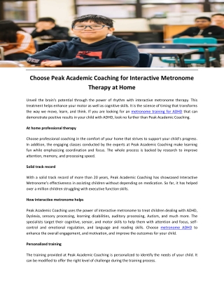 Choose Peak Academic Coaching for Interactive Metronome Therapy at Home