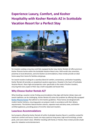 Experience Luxury, Comfort, and Kosher Hospitality with Kosher Rentals AZ in Scottsdale Vacation Resort for a Perfect St