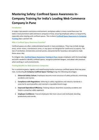 Confined Space Awareness In-Company Training for India’s Leading Web Commerce Company in Pune pdf