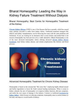 Bharat Homeopathy Leading the Way in Kidney Failure Treatment Without Dialysis