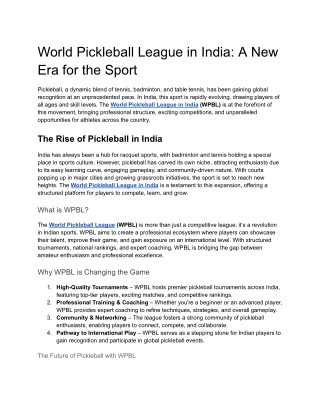 World Pickleball League in India- A New Era for the Sport