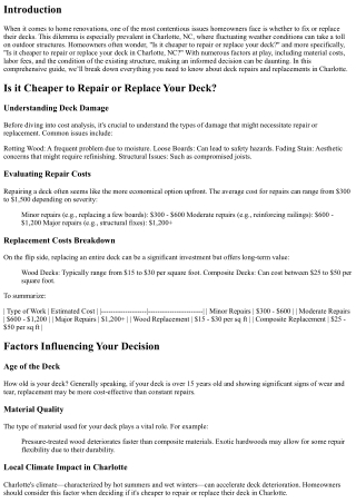 To Fix or Not to Fix? Analyzing Deck Costs in Charlotte, NC