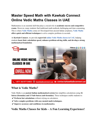 Master Speed Math with Kawkab Connect Online Vedic Maths Classes in UAE