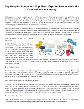 Top Hospital Equipment Suppliers: Explore Steede Medical's Comprehensive Catalog