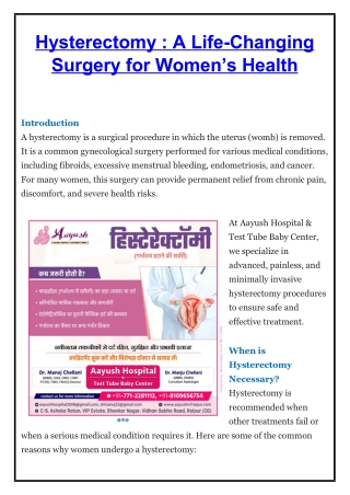 Hysterectomy - Aayush Hopaital