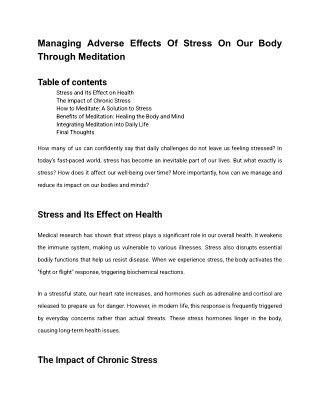 Managing Adverse Effects Of Stress On Our Body Through Meditation