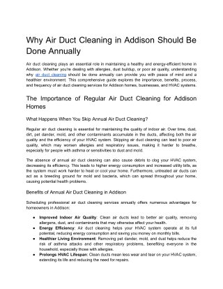 Why Air Duct Cleaning in Addison Should Be Done Annually