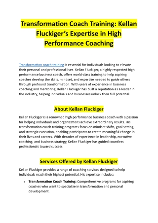 Transformation Coach Training Kellan Fluckiger’s Expertise in High Performance Coaching
