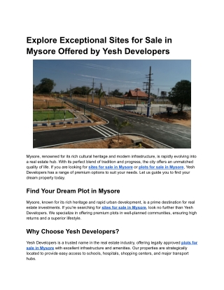 Explore Exceptional Sites for Sale in Mysore Offered by Yesh Developers