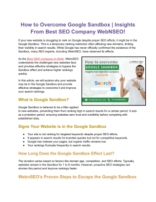 How to Overcome Google Sandbox | Insights From Best SEO Company WebNSEO!
