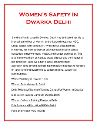 Women’s Safety In Dwarka Delhi