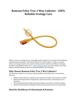 Romson Foley Trac 2 Way Catheter - 20FG: Reliable Urology Care