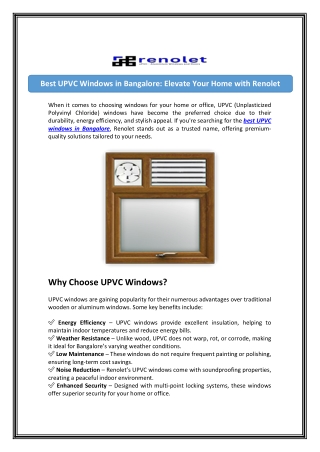 Choose Best UPVC Windows in Bangalore - RENOLET