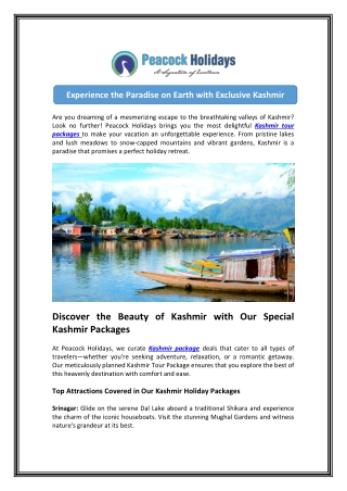Book Kashmir Tour Packages at Best Price | Peacock Holidays