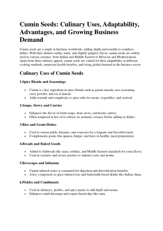Cumin Seeds Culinary Uses, Advantages, and Growing Business Demand