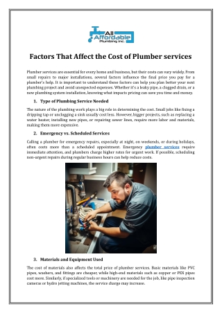 Factors That Affect the Cost of Plumber services