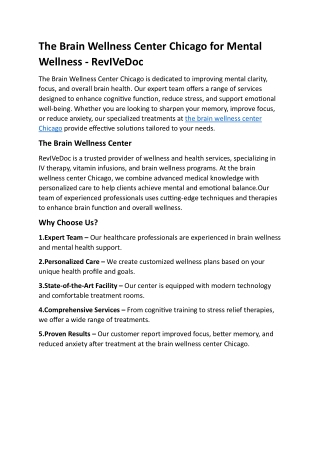 The Brain Wellness Center Chicago for Mental Wellness - RevIVeDoc