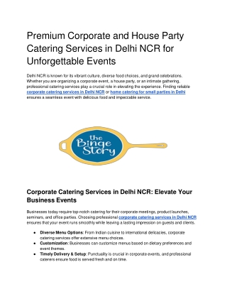 Premium Corporate and House Party Catering Services in Delhi NCR for Unforgettable Events