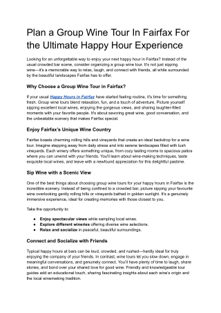 Plan a Group Wine Tour In Fairfax For the Ultimate Happy Hour Experience