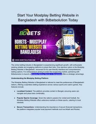 Start Your Mostplay Betting Website in Bangladesh with Bdbetsolution Today