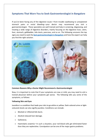 Symptoms That Warn You to Seek Gastroenterologist in Bangalore