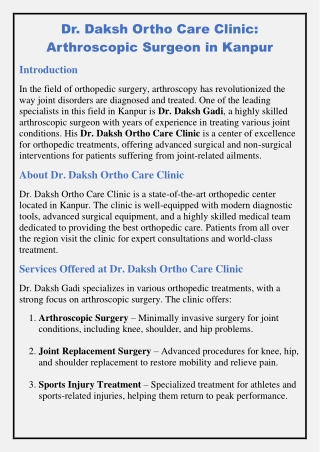 Dr. Daksh Ortho Care Clinic: Arthroscopic Surgeon in Kanpur