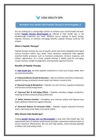 Try Peptide Therapy in Bloomingdale IL - Vida Health Spa