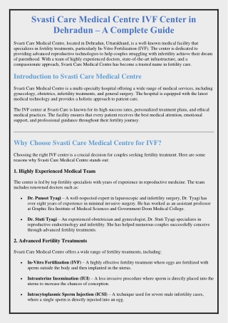 Svasti Care Medical Centre IVF Center in Dehradun – A Complete Guide