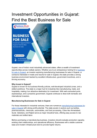 Investment Opportunities in Gujarat: Find the Best Business for Sale