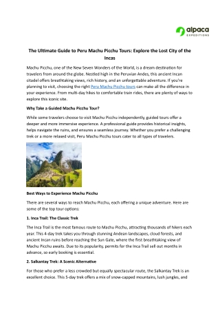 The Ultimate Guide to Peru Machu Picchu Tours- Explore the Lost City of the Incas