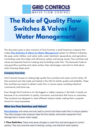 The Role of Quality Flow Switches & Valves for Water Management
