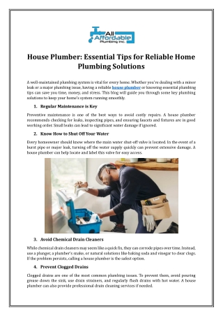 House Plumber: Essential Tips for Reliable Home Plumbing Solutions
