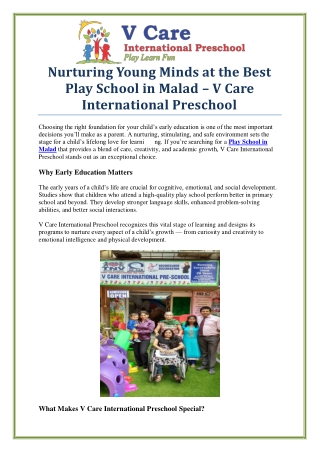 Give Your Child the Best Start at V Care International Play School in Malad