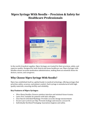 Nipro Syringe With Needle – Precision & Safety for Healthcare Professionals