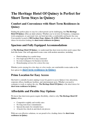 The Heritage Hotel Of Quincy is Perfect for Short Term Stays in Quincy