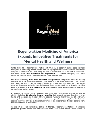 Regeneration Medicine of America Expands Innovative Treatments for Mental Health and Wellness