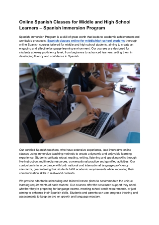 Online Spanish Classes for Middle and High School Learners – Spanish Immersion Program