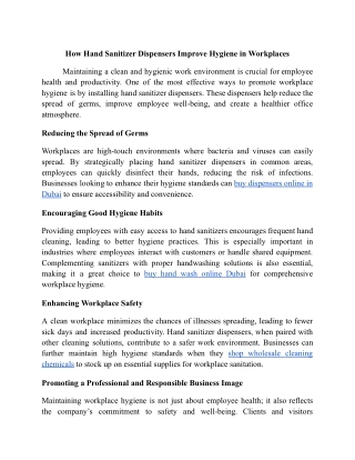 How Hand Sanitizer Dispensers Improve Hygiene in Workplaces