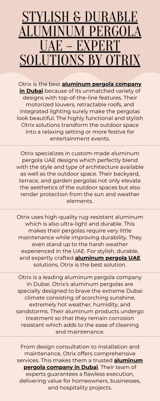 Stylish & Durable Aluminum Pergola UAE – Expert Solutions by Otrix