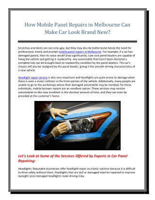 How Mobile Panel Repairs in Melbourne Can Make Car Look Brand New