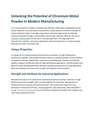 Unlocking the Potential of Chromium Metal Powder in Modern Manufacturing